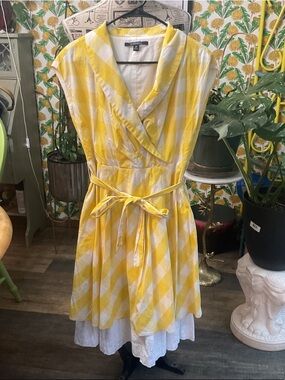 Chadwicks Yellow and White Gingham Wrap Midi Dress with Tie
